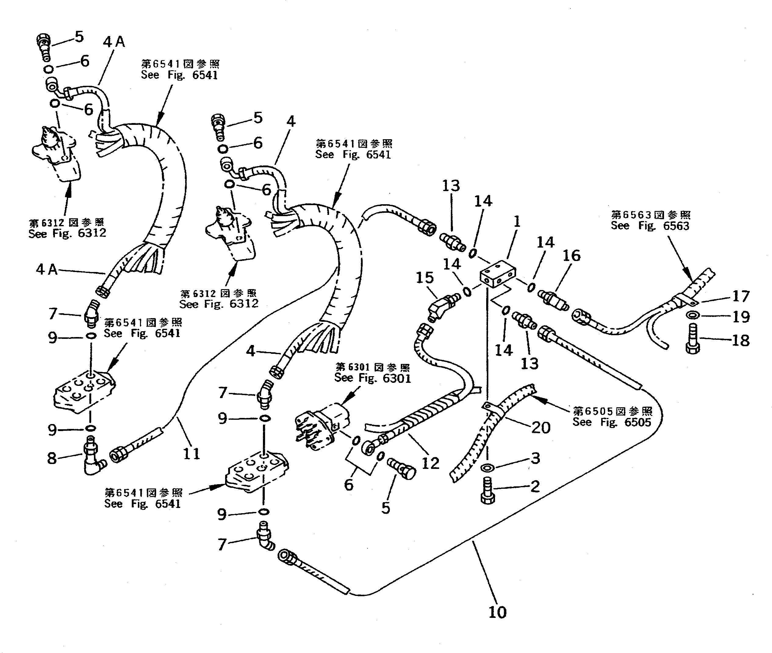Komatsu parts book diagram for PC310LC-5 S/N 10001-UP: P.P.C. VALVE RETURN PIPING (FOR WRIST CONTROL)