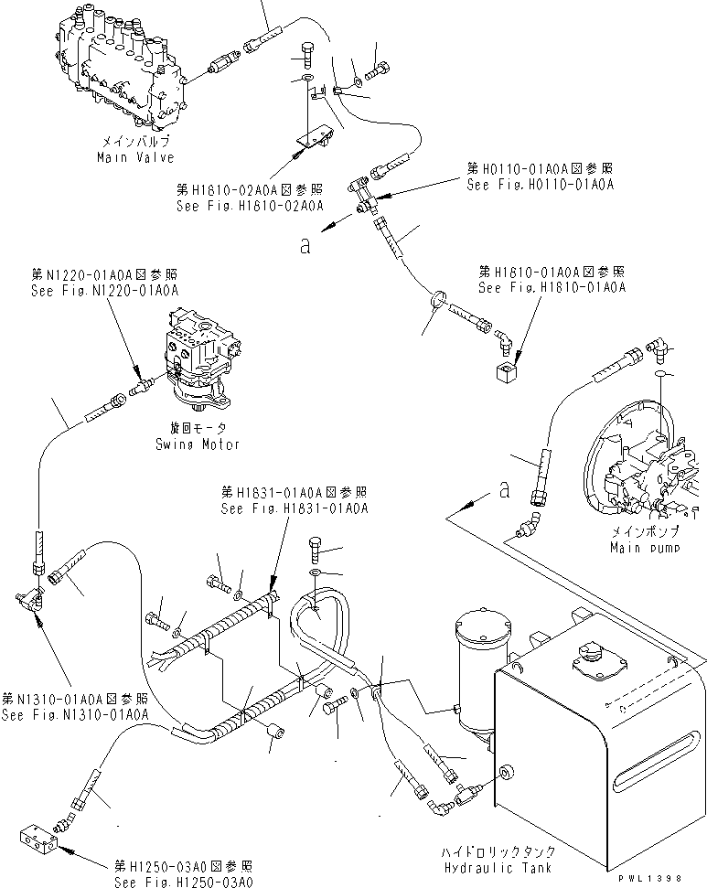 Komatsu parts book diagram for PC350-6 S/N 10001-UP: DRAIN LINES (WITH BOOM BURST VALVE)(#12284-)