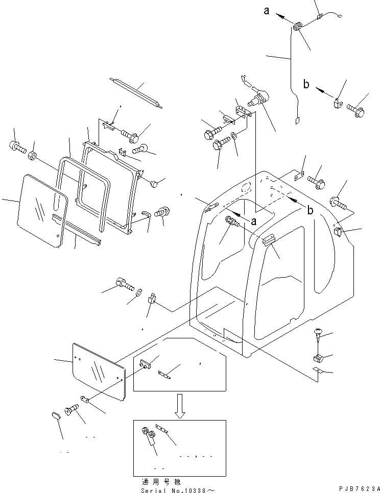 Komatsu parts book diagram for PC350-6 S/N 10001-UP: OPERATOR'S CAB (FRONT WINDOW) (FOR SEE THROUGH ROOF)(#10001-11999)