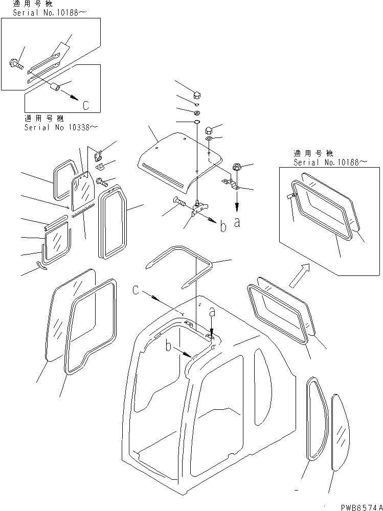 Komatsu parts book diagram for PC350-6 S/N 10001-UP: OPERATOR'S CAB (WINDOW AND ROOF VENTILATOR) (WITH SEE THROUGH    ROOF)(#10001-11999)