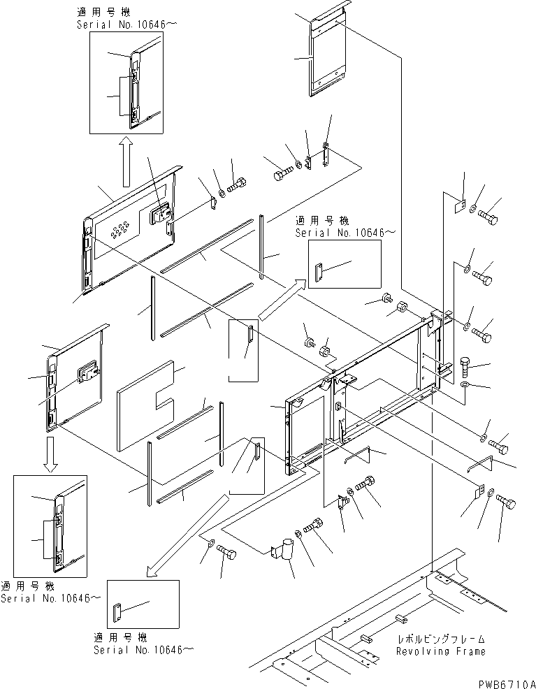 Komatsu parts book diagram for PC350-6 S/N 10001-UP: RIGHT SIDE DOOR (MACHINE CAB) (WITH HOLE)(#10001-11999)