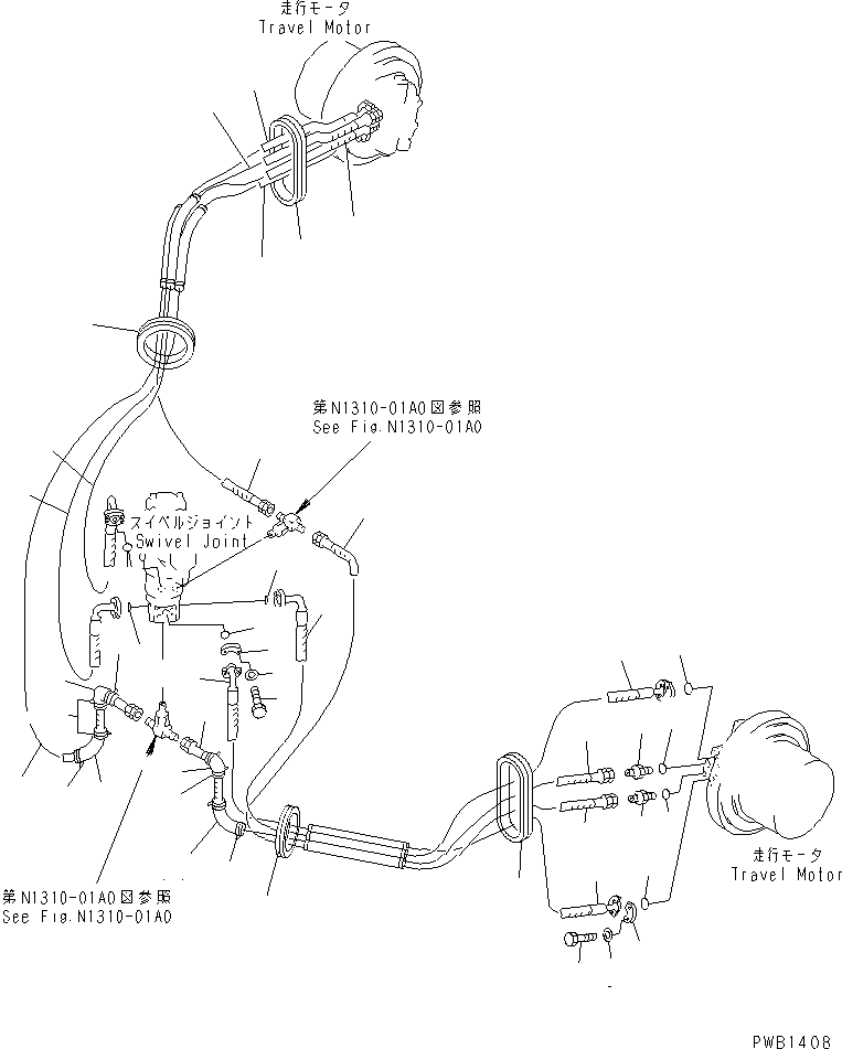 Komatsu parts book diagram for PC350-6 S/N 10001-UP: TRAVEL PIPING(#10001-12283)