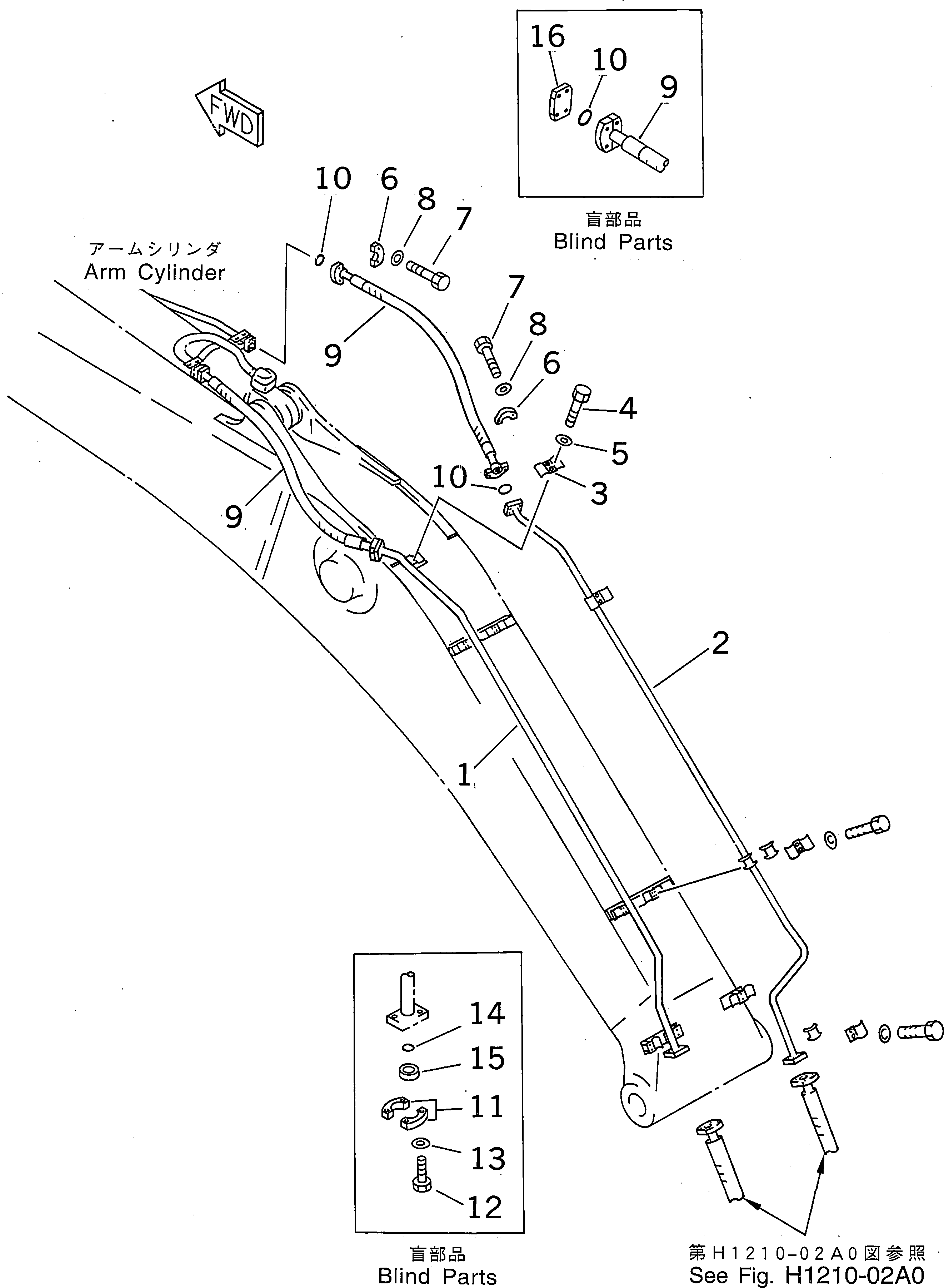 Komatsu parts book diagram for PC350-6 S/N 10001-UP: BOOM (ARM CYLINDER LINE)
