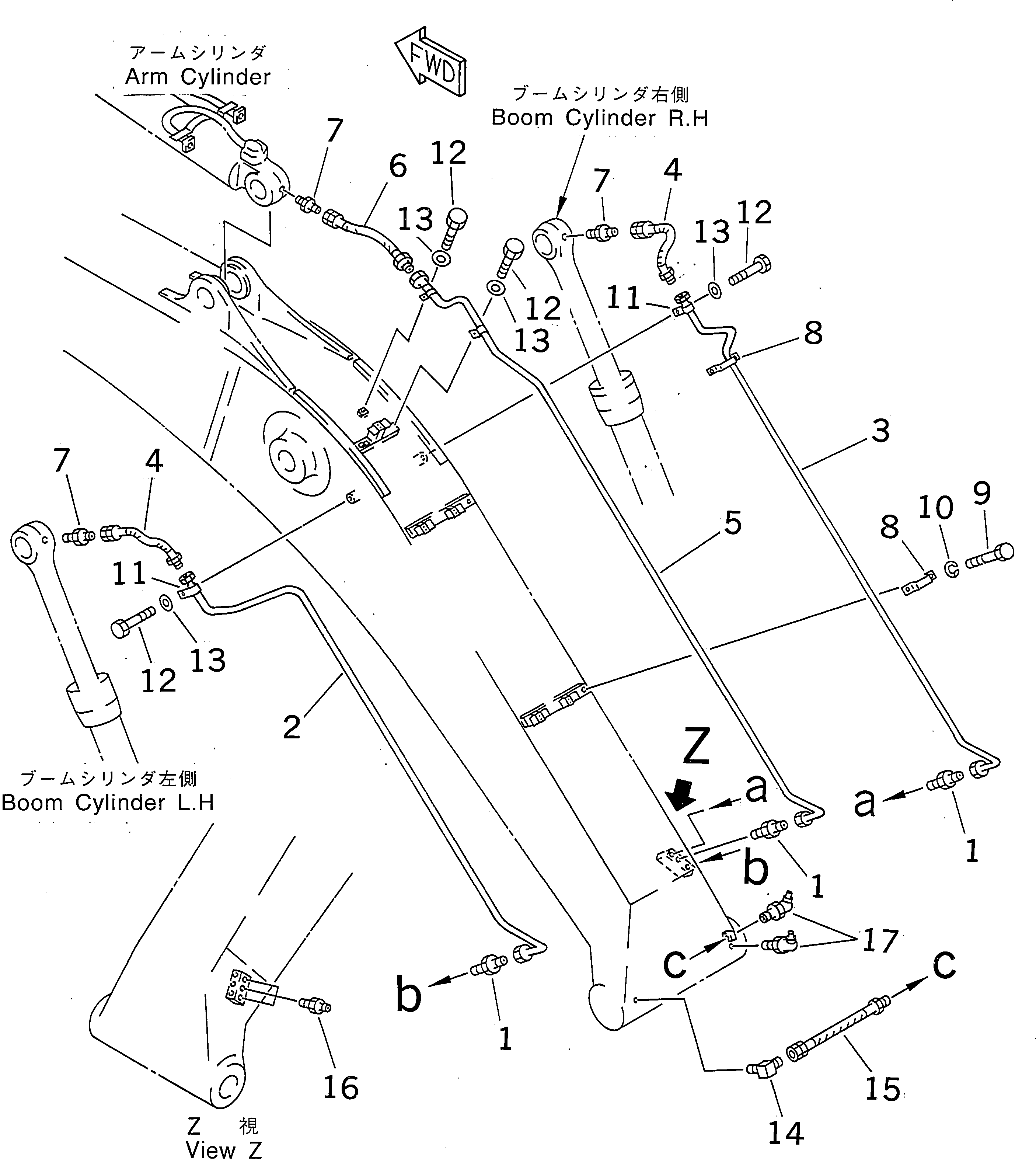 Komatsu parts book diagram for PC350-6 S/N 10001-UP: BOOM (LUBRICATING LINE)(#10001-11999)