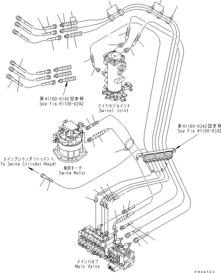 Excavators Komatsu / PC35MR-1 S/N 1001-UP(pc35mr-r) / ACTUATOR LINE (MAIN CONTROL VALVE TO SWING MOTOR) (FOR POWER ANGLE POWER TILT BLADE)(150190 : H1100-02A2)