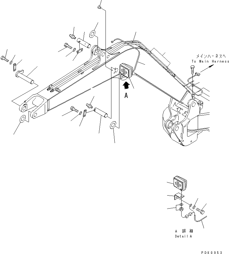 Komatsu parts book diagram for PC35R-8 S/N 35001-UP: MONO-BOOM (WORK LAMP AND PIN)