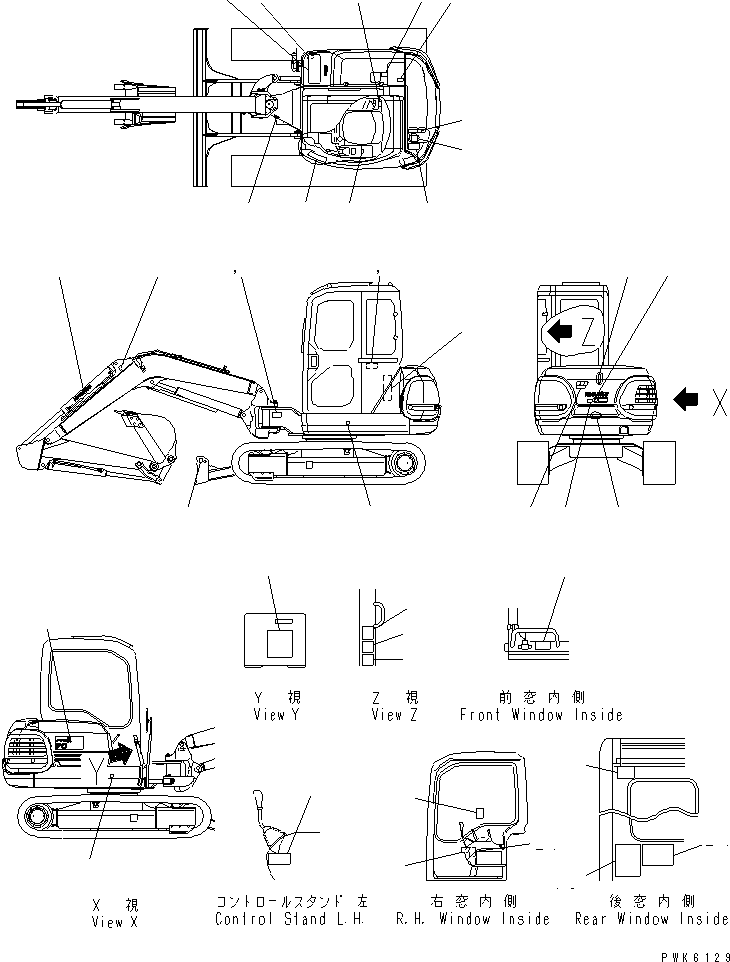 Komatsu parts book diagram for PC35R-8 S/N 35001-UP: MARKS AND PLATES (FOR CAB) (ENGLISH)