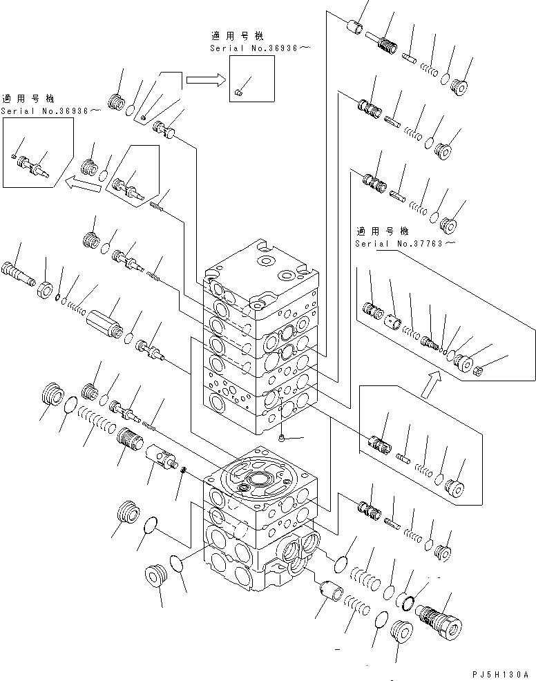 Komatsu parts book diagram for PC35R-8 S/N 35001-UP: MAIN VALVE (8-VALVE) (9/15)