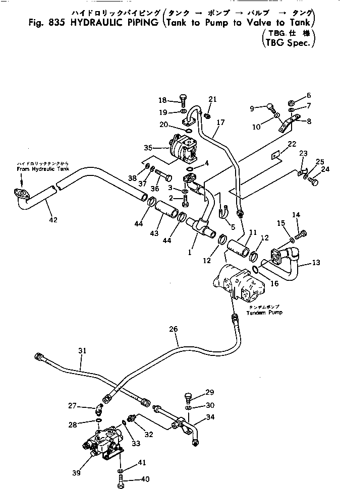 Komatsu parts book diagram for PC40-2 S/N 4501-UP: HYDRAULIC PIPING (TANK TO PUMP TO VALVE TO TANK) (TBG SPEC.)