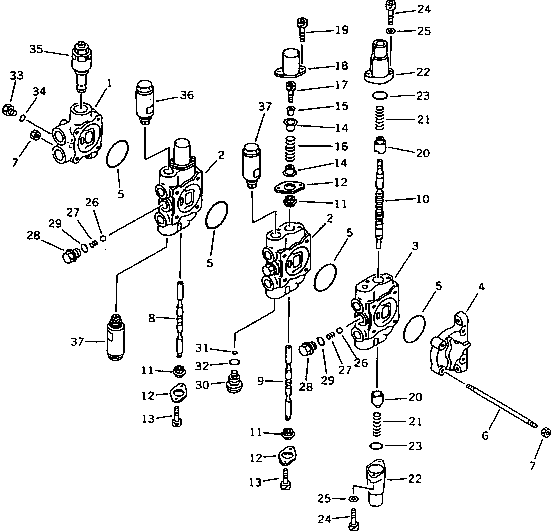 Komatsu parts book diagram for PC40-7 S/N 18001-UP: HYDRAULIC CONTROL VALVE (3-SPOOL) (1/2) (FOR POWER TILT          MECHANICAL ANGLE BLADE)