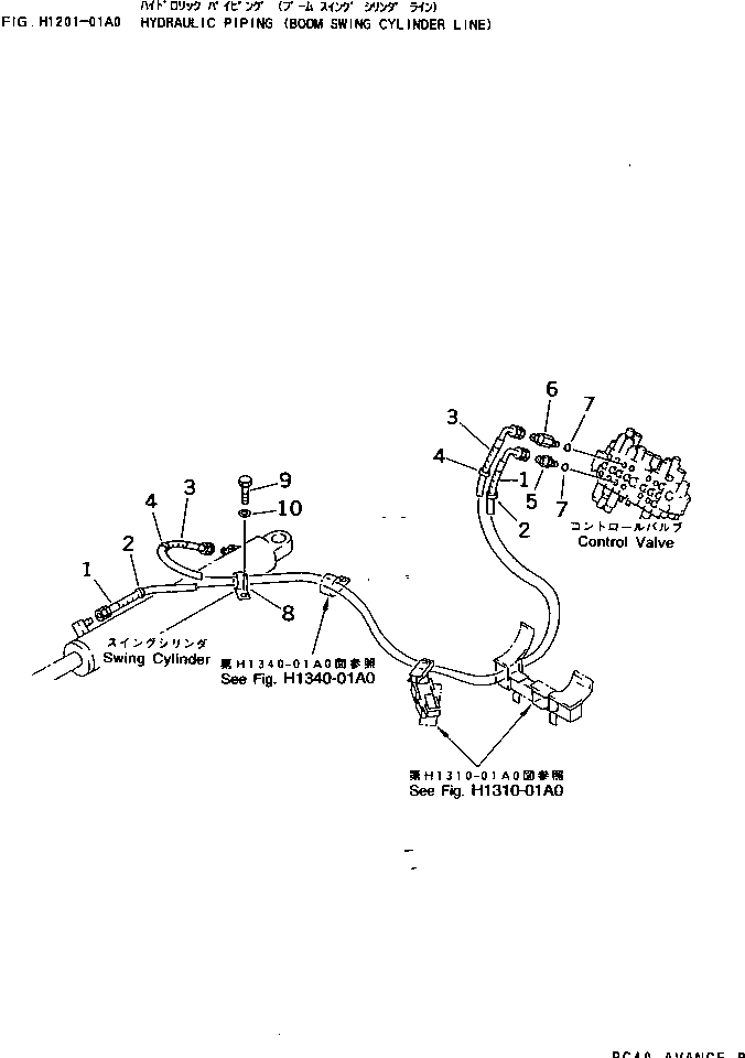 Komatsu parts book diagram for PC40-7 S/N 18001-UP: HYDRAULIC PIPING (BOOM SWING CYLINDER LINE)