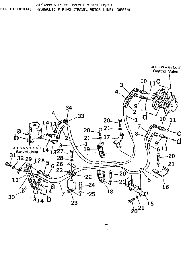 Komatsu parts book diagram for PC40-7 S/N 18001-UP: HYDRAULIC PIPING (TRAVEL MOTOR LINE) (UPPER)