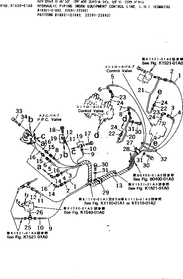 Komatsu parts book diagram for PC40-7 S/N 18001-UP: HYDRAULIC PIPING (WORK EQUIPMENT CONTROL LINE ? L.H.) (KOMATSU    PATTERN #18001-21982 ? 22091-22092)