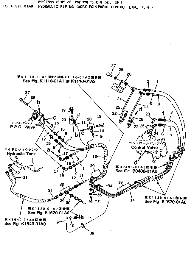 Komatsu parts book diagram for PC40-7 S/N 18001-UP: HYDRAULIC PIPING (WORK EQUIPMENT CONTROL LINE ? R.H.)