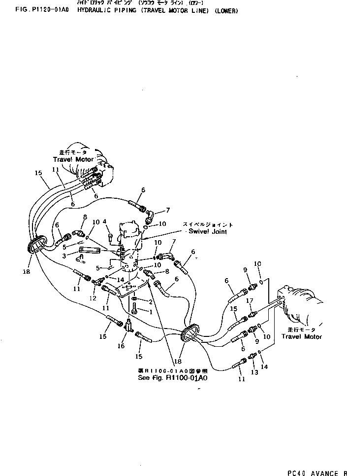 Komatsu parts book diagram for PC40-7 S/N 18001-UP: HYDRAULIC PIPING (TRAVEL MOTOR LINE) (LOWER)