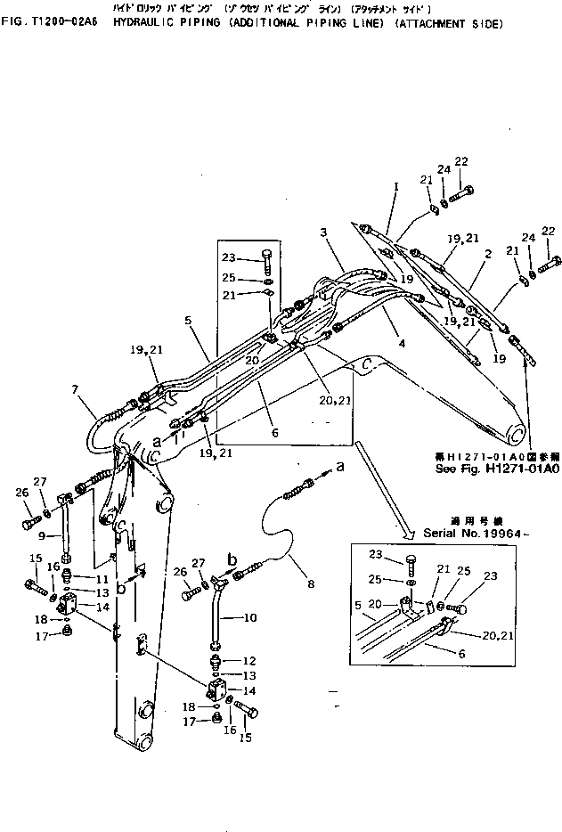 Komatsu parts book diagram for PC40-7 S/N 18001-UP: HYDRAULIC PIPING (ADDITIONAL PIPING LINE) (ATTACHMENT SIDE)