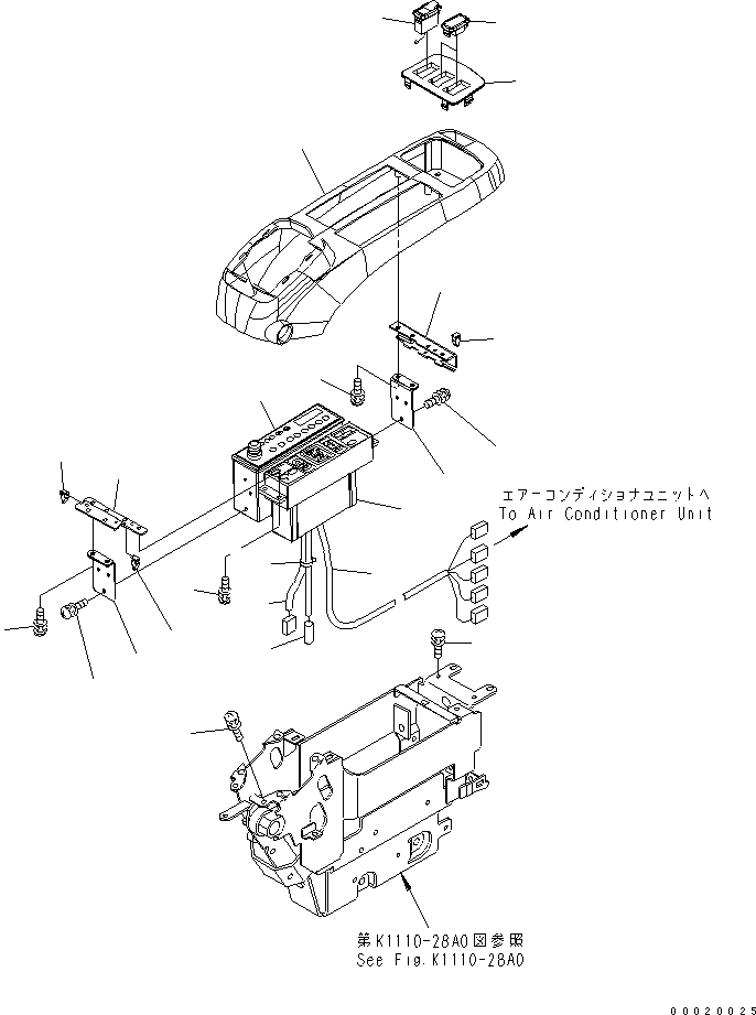 Komatsu parts book diagram for PC400-7-M1 S/N 50001-UP: FLOOR FRAME (OPERATOR'S CAB) (CONSOLE) (UPPER) (WITH AIR CONDITIONER AND RADIO) (L.H.) (WITH BEACON)