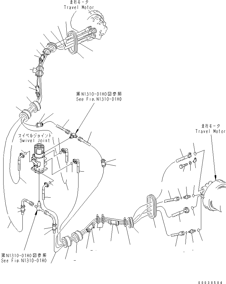 Komatsu parts book diagram for PC400-7E0 S/N 60001-UP (ecot3): TRAVEL PIPING (FOR VARIABLE GAUGE)