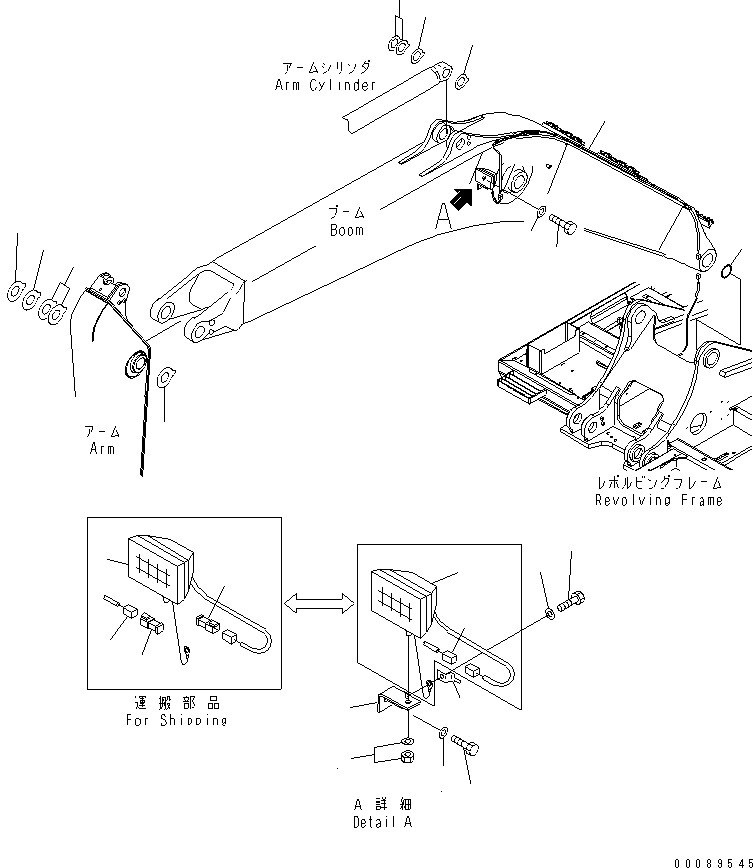 Komatsu parts book diagram for PC400-7E0 S/N 60001-UP (ecot3): BOOM (500 HOURS GREASING TYPE) (WORKING LAMP AND SPACER)(#65365-)