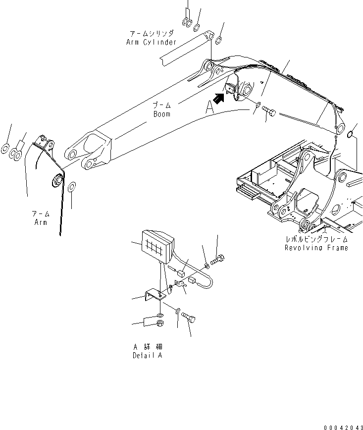 Komatsu parts book diagram for PC400-7E0 S/N 60001-UP (ecot3): BOOM (100 HOURS GREASING TYPE) (WORKING LAMP AND SPACER)(#60001-65364)