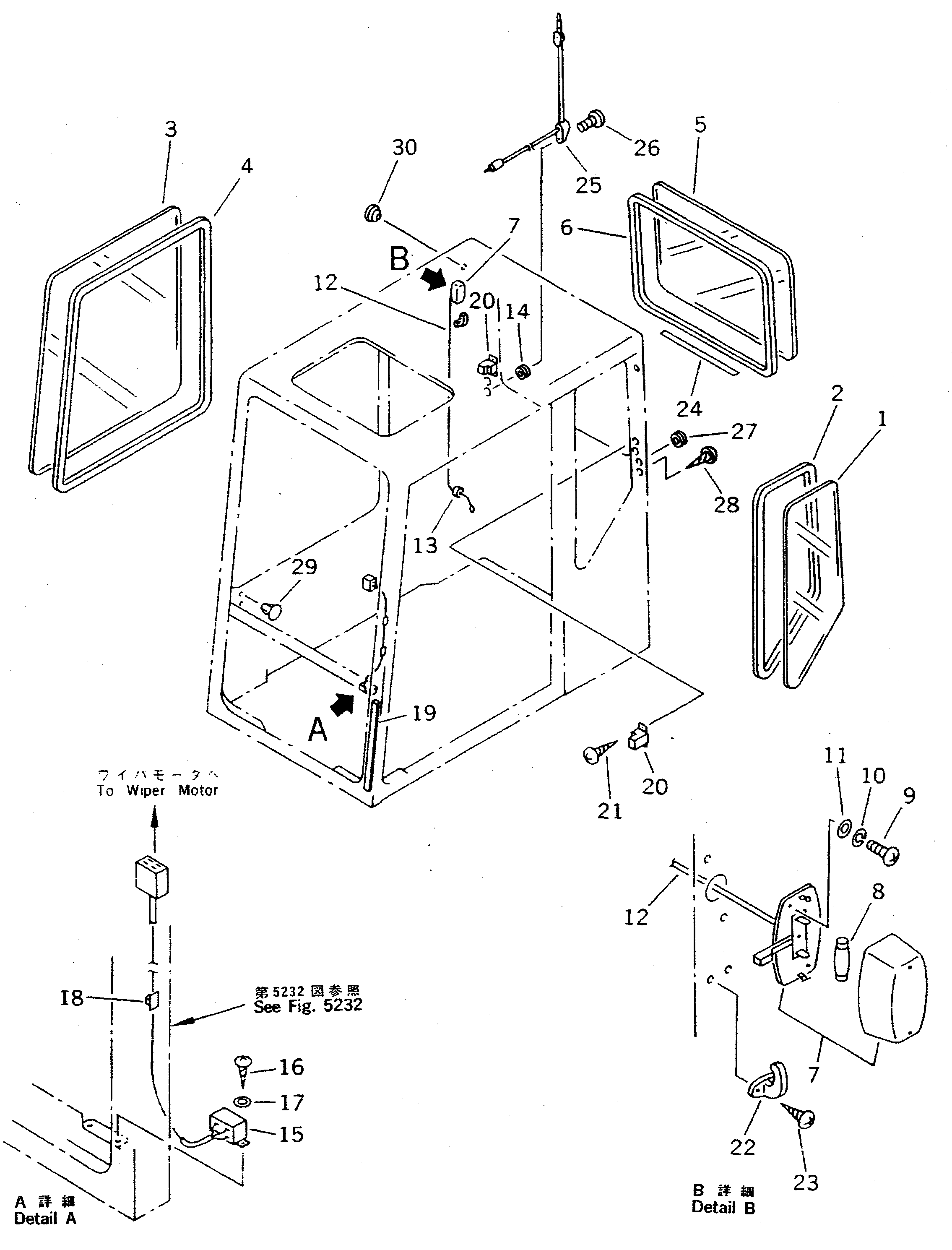 Komatsu parts book diagram for PC400LC S/N 20001-UP (Mighty Spec.): OPERATOR'S CAB (4/7) (SIDE AND REAR WINDOW) (FOR FRONT GUARD)(#20603-)