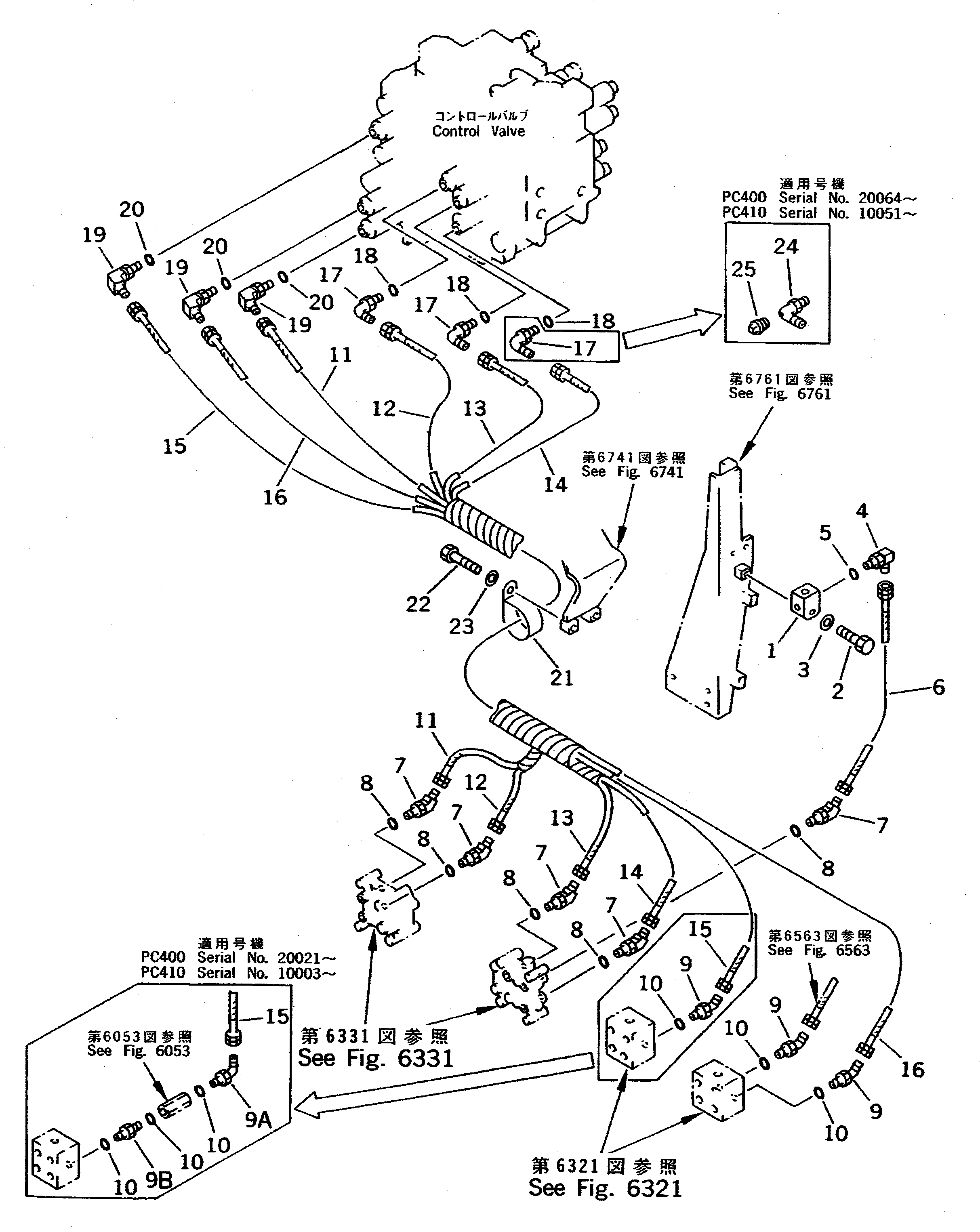 Komatsu parts book diagram for PC400LC S/N 20001-UP (Mighty Spec.): P.P.C. VALVE PIPING (SHUTTLE VALVE TO/FROM CONTROL VALVE FRONT   SIDE)