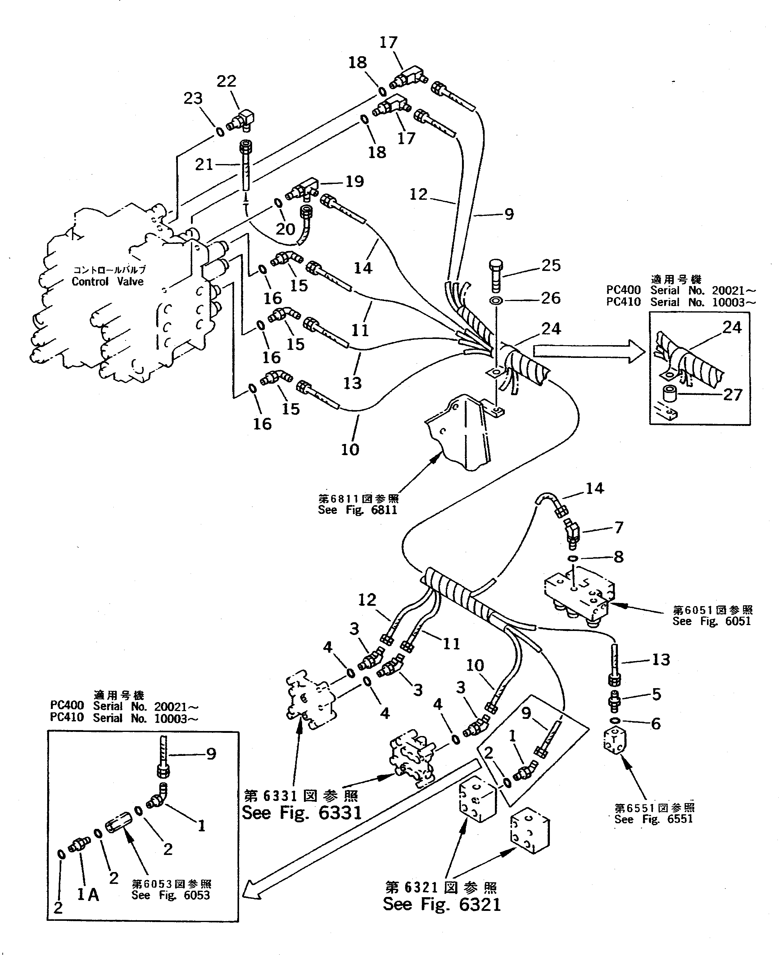 Komatsu parts book diagram for PC400LC S/N 20001-UP (Mighty Spec.): P.P.C. VALVE PIPING (SHUTTLE VALVE T/F CONTROL VALVE REAR SIDE)