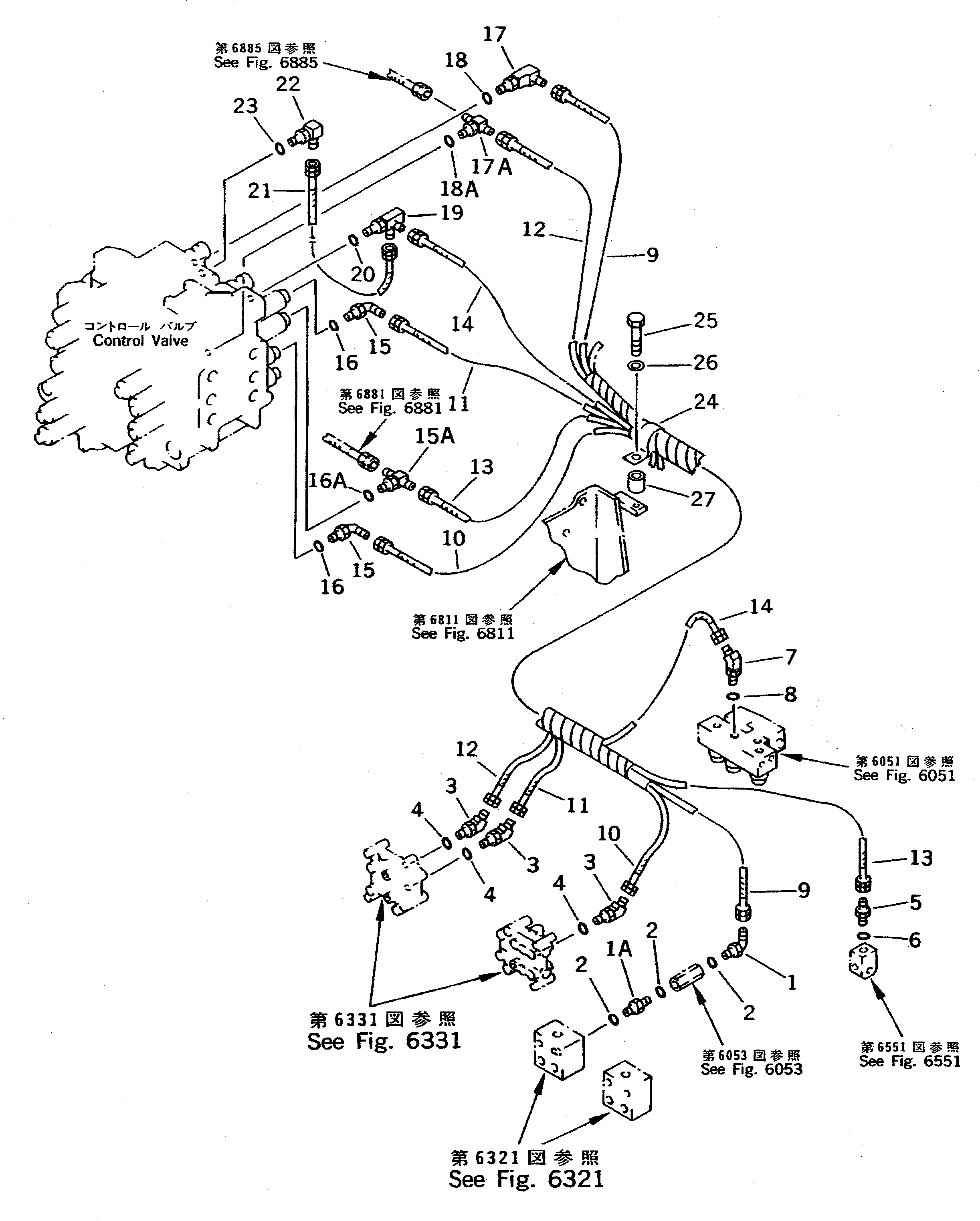 Komatsu parts book diagram for PC400LC S/N 20001-UP (Mighty Spec.): P.P.C. VALVE PIPING (SHUTTLE VALVE T/F CONTROL VALVE REAR SIDE)  (WITH CYLINDER LOCK VALVE)