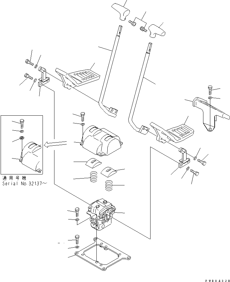 Komatsu parts book diagram for PC400LC-6 S/N 30001-UP: FLOOR FRAME (TRAVEL LEVER) (1 ACTUATOR)(#32001-32483)