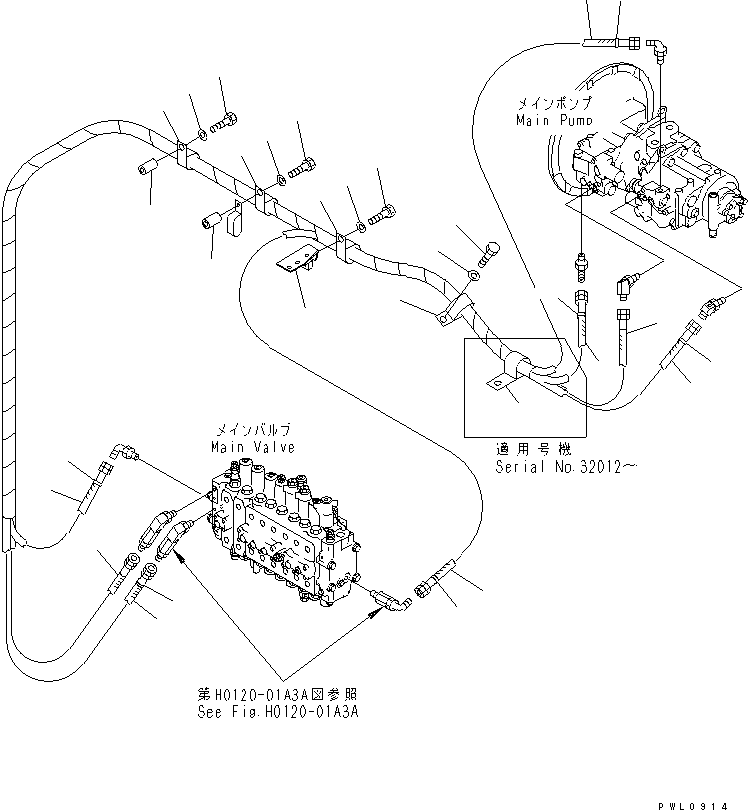 Komatsu parts book diagram for PC400LC-6 S/N 30001-UP (SAA6D125E-2 (Emission) Eng. Installed): LS LINE (PUMP TO VALVE)(#32001-)