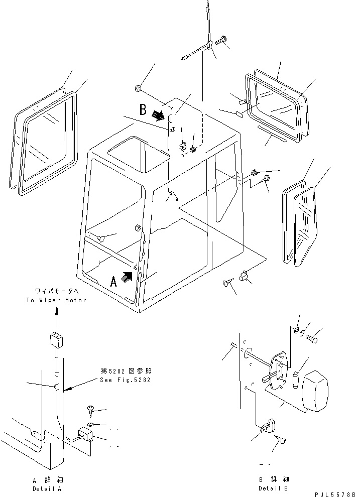 Komatsu parts book diagram for PC400LC-5 S/N 20001-UP (Overseas Version): OPERATOR'S CAB (4/7) (SIDE AND REAR WINDOW)                      (FOR SWEDEN AND NORWAY)