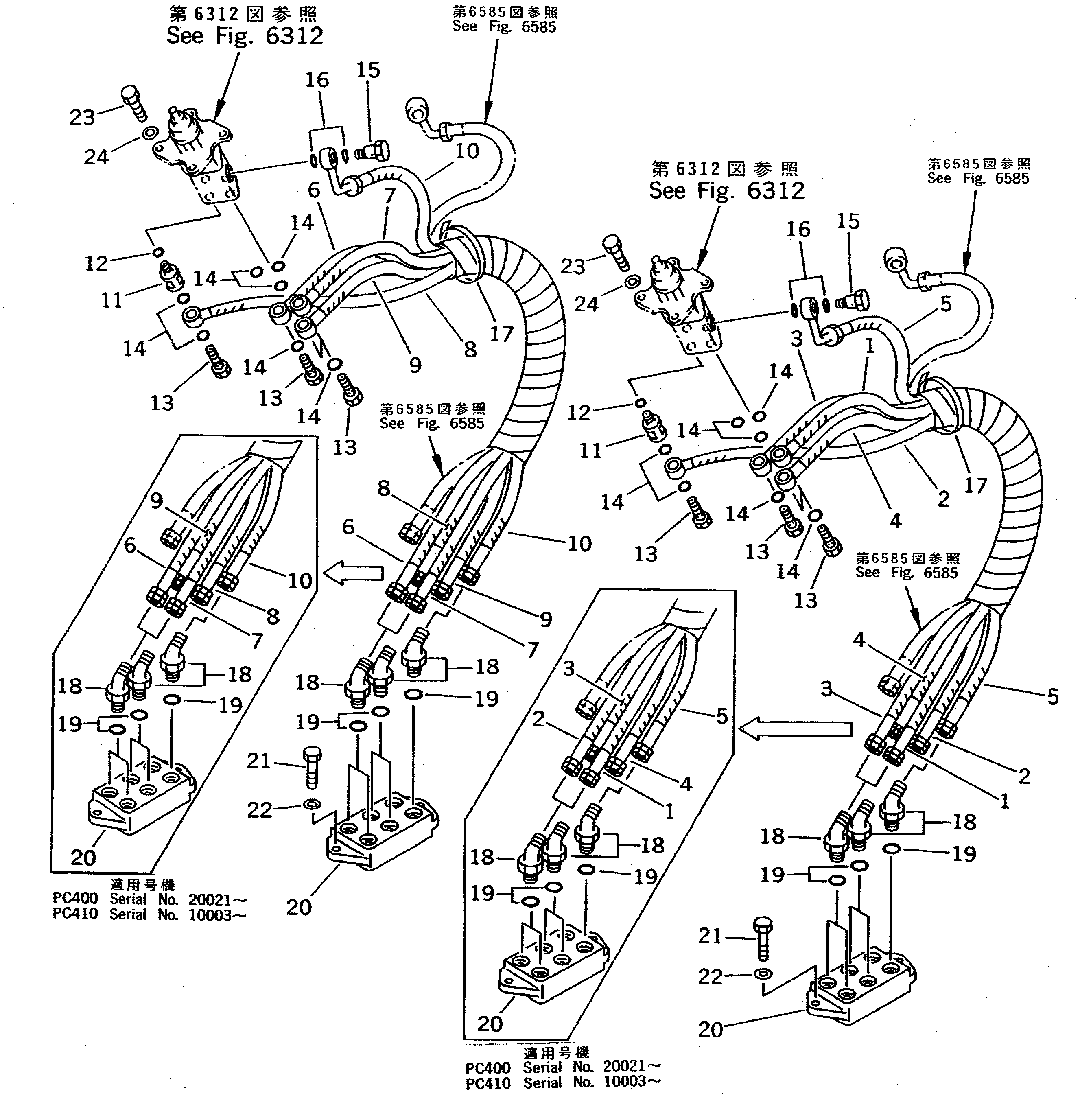 Komatsu parts book diagram for PC400LC-5 S/N 20001-UP (Overseas Version): P.P.C. VALVE PIPING (PPC VALVE TO/FROM BLOCK) (FOR WRIST CONTROL)