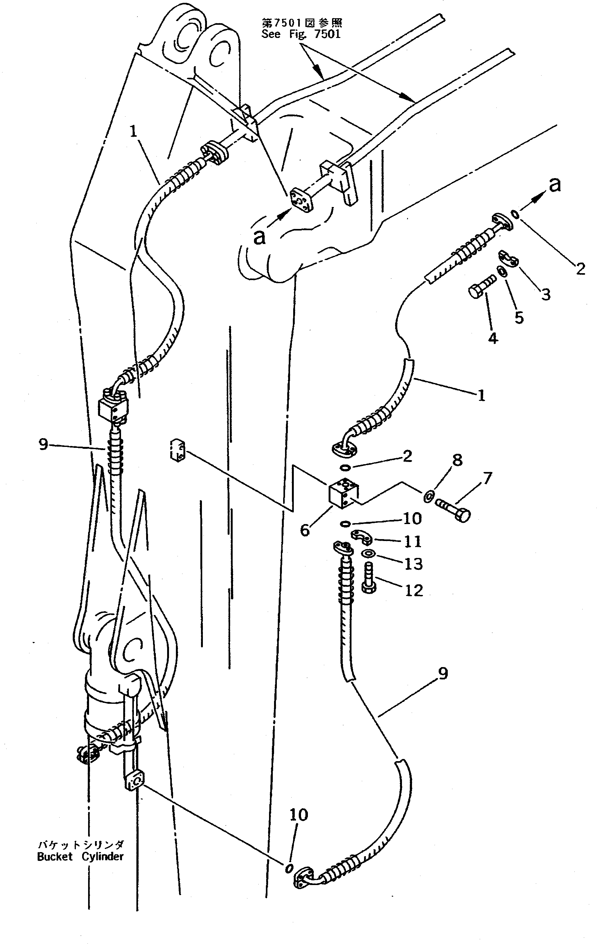 Komatsu parts book diagram for PC400LC-5 S/N 20001-UP (Overseas Version): BUCKET CYLINDER PIPING (ATTACHMENT SIDE) (ARM SIDE)              (FOR LONG ARM)