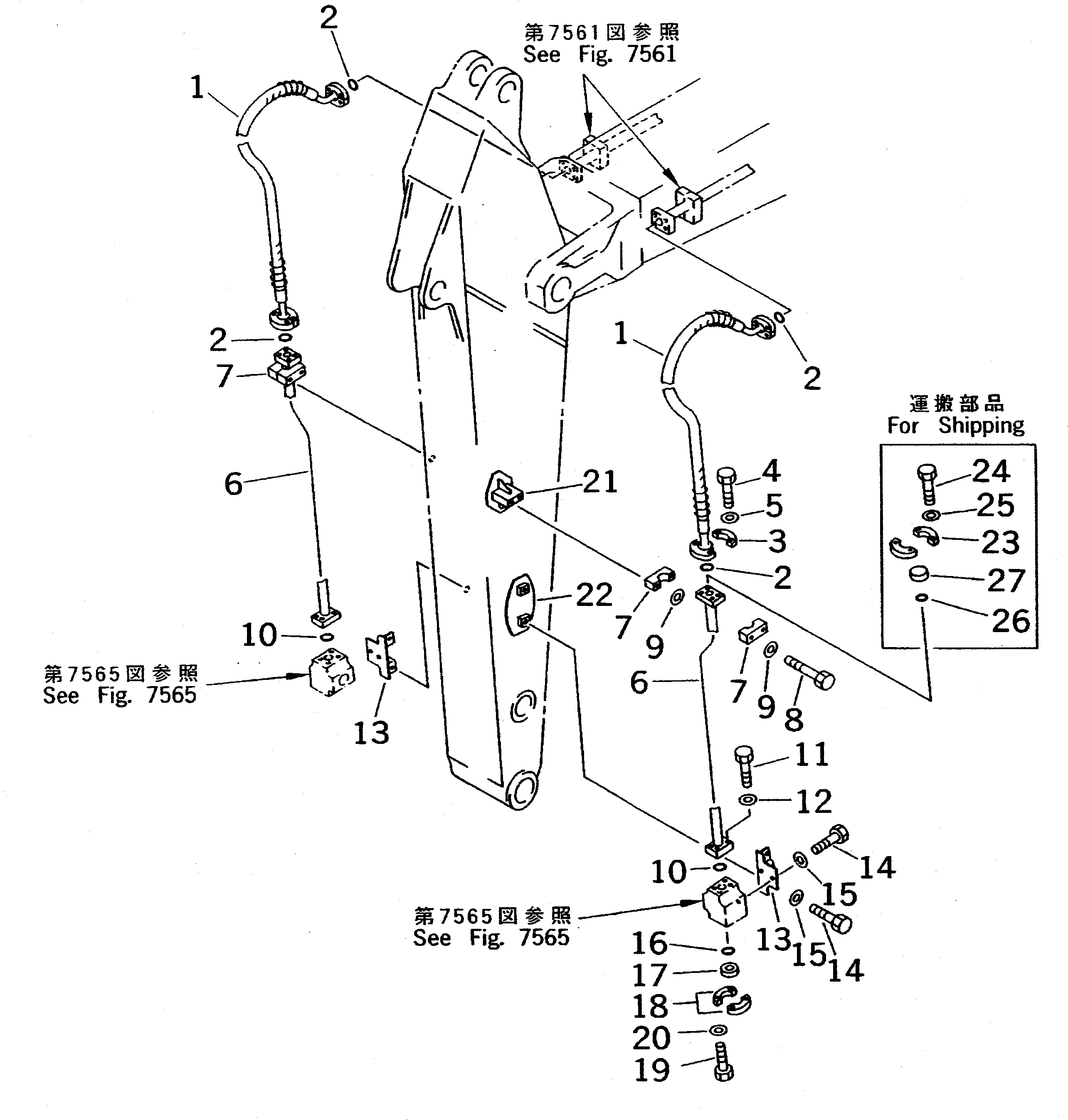 Komatsu parts book diagram for PC400LC-5 S/N 20001-UP (Overseas Version): ADDITIONAL PIPING (ATTACHMENT SIDE) (2.9M ARM)
