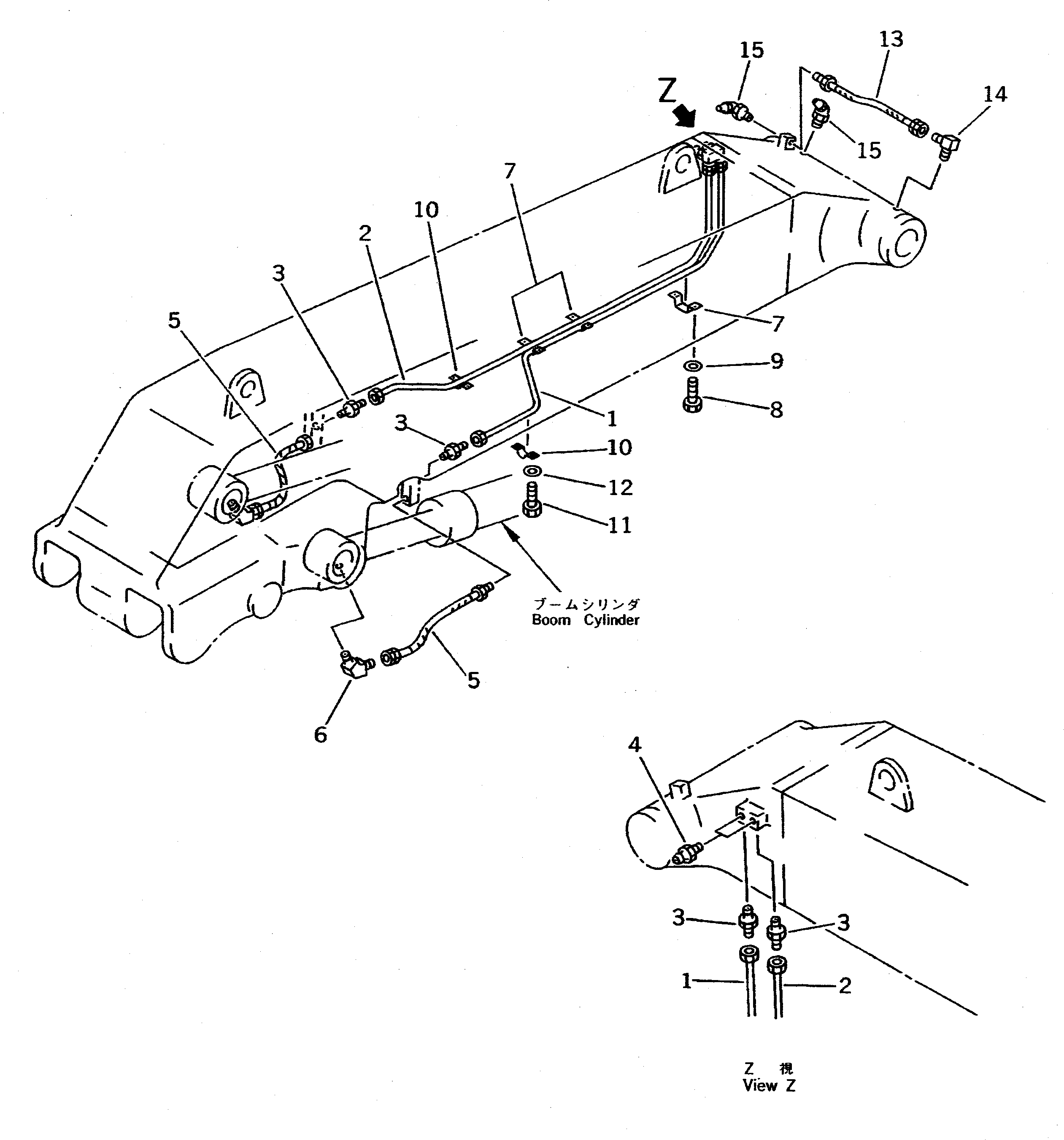 Komatsu parts book diagram for PC400LC-5 S/N 20001-UP (Overseas Version): WORK EQUIPMENT LUBRICATION PIPING (BOOM SIDE) (FOR BOTTOM DUMP   LOADER)