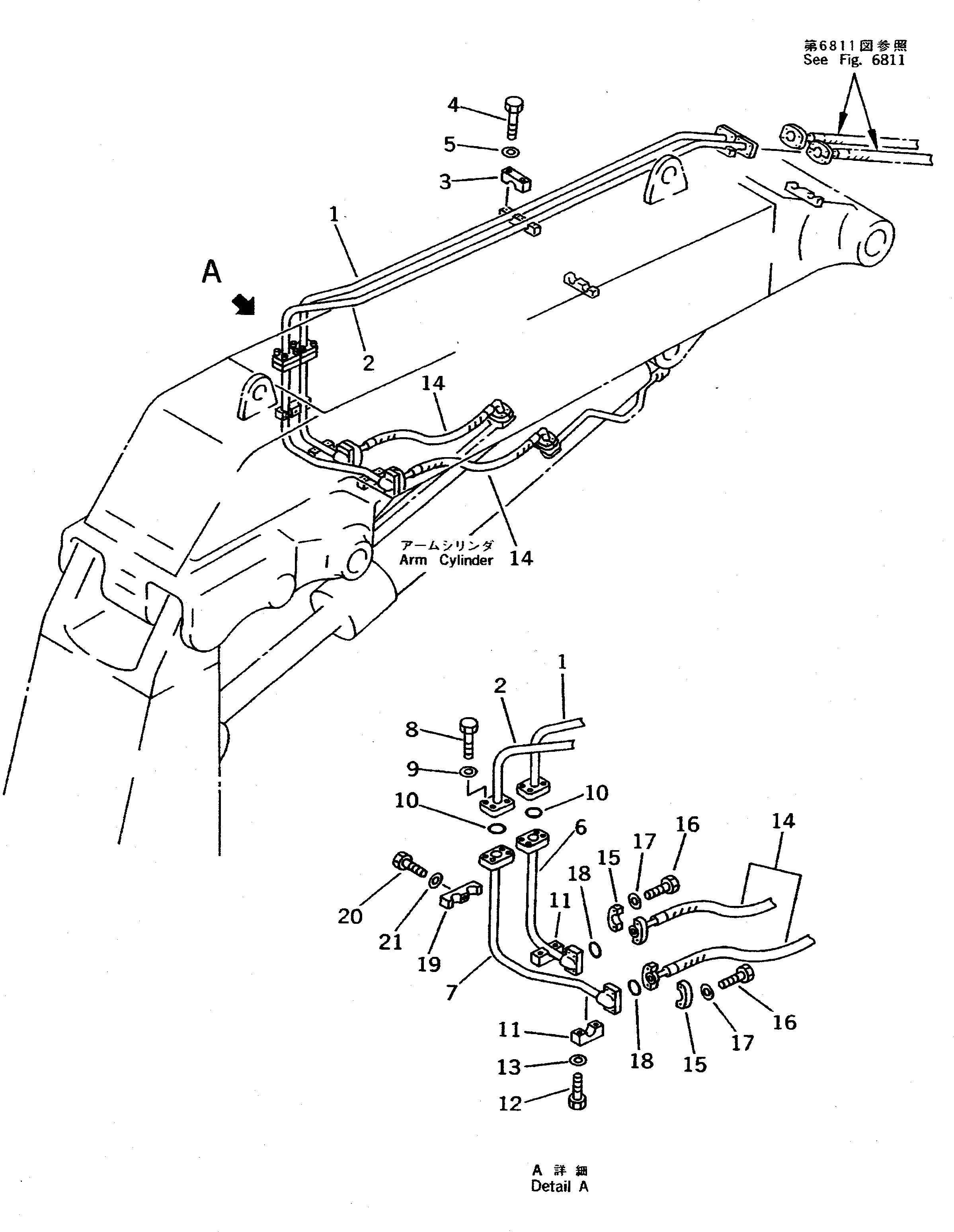 Komatsu parts book diagram for PC400LC-5 S/N 20001-UP (Overseas Version): ARM CYLINDER PIPING (ATTACHMENT SIDE) (FOR BOTTOM DUMP LOADER)