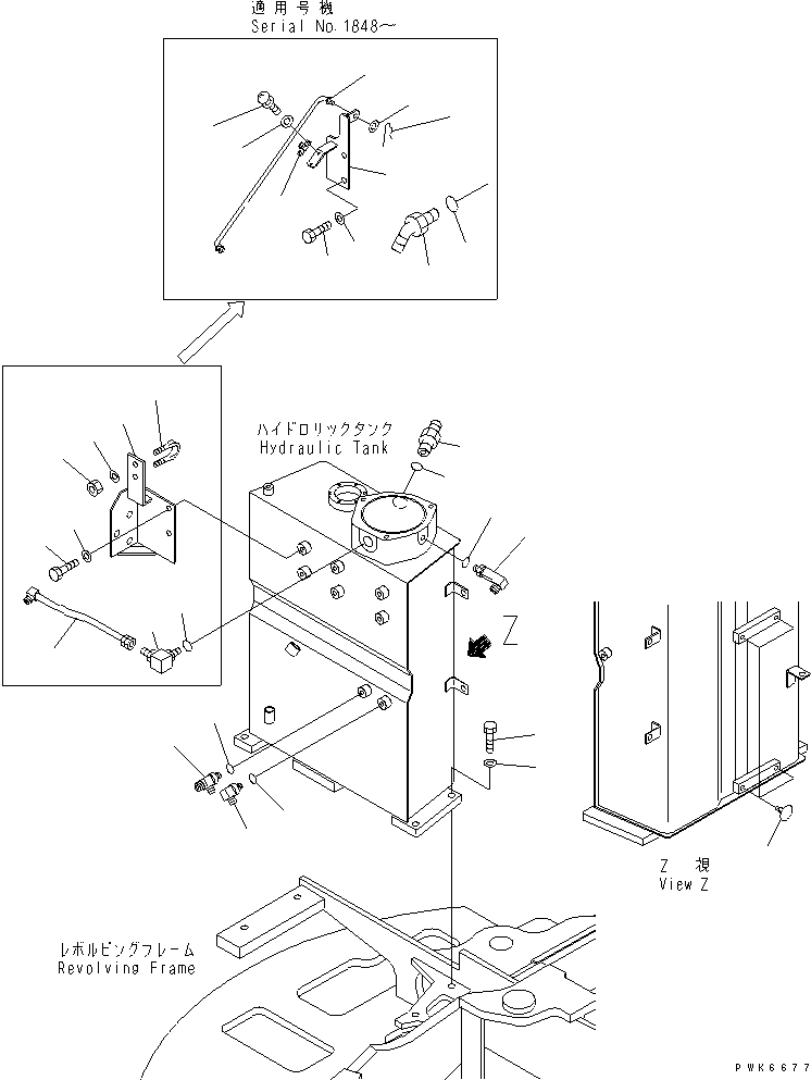 Komatsu parts book diagram for PC40MR-1 S/N 1001-UP: HYDRAULIC TANK (ELBOW ? MOUNT AND TANK BRACKET)(#1001-5500)