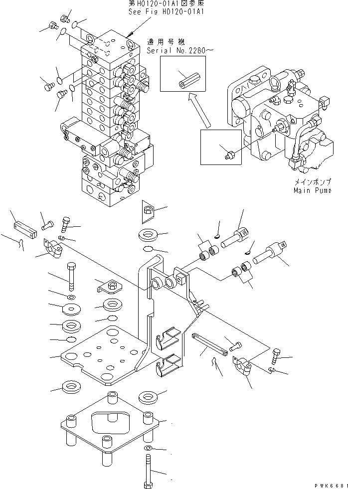 Komatsu parts book diagram for PC40MR-1 S/N 1001-UP: MAIN VALVE (MOUNT BRACKET) (FOR ATTACHIMENT)(#1001-5500)