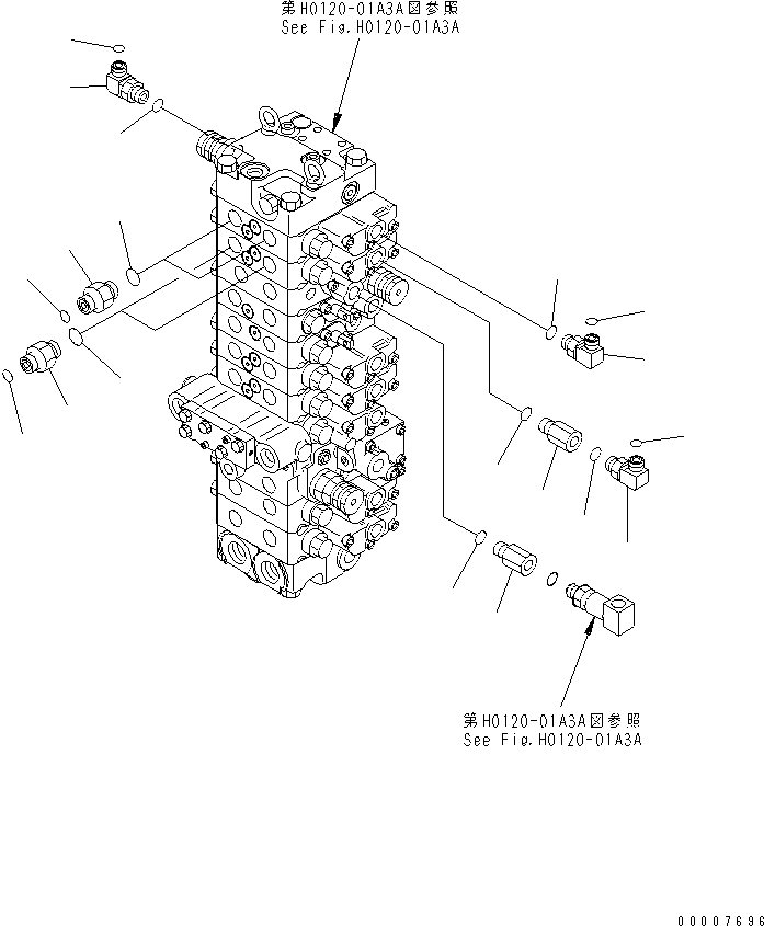 Komatsu parts book diagram for PC40MR-1 S/N 1001-UP: MAIN VALVE (PLUG AND ELBOW) (FOR ATACHMENT) (FOR POWER ANGLE POWER TILT)(#5501-)