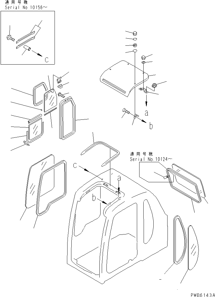 Komatsu parts book diagram for PC450LC-6 S/N 10001-UP: OPERATOR'S CAB (WINDOW AND ROOF VENTILATOR) (WITH SEE THROUGH ROOF)(#10001-11999)