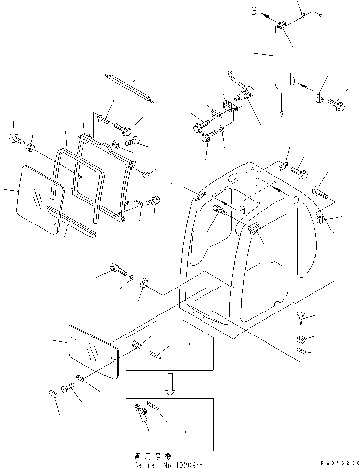 Komatsu parts book diagram for PC450LC-6 S/N 10001-UP: OPERATOR'S CAB (FRONT WINDOW) (FOR SEE THROUGH ROOF)(#10001-11999)