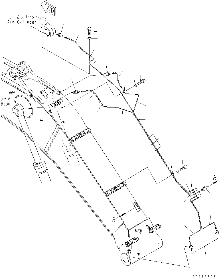 Komatsu parts book diagram for PC450LCHD-8 S/N K50001-UP: BOOM (6.7M) (LUBRICATING LINE) (#K50350-)