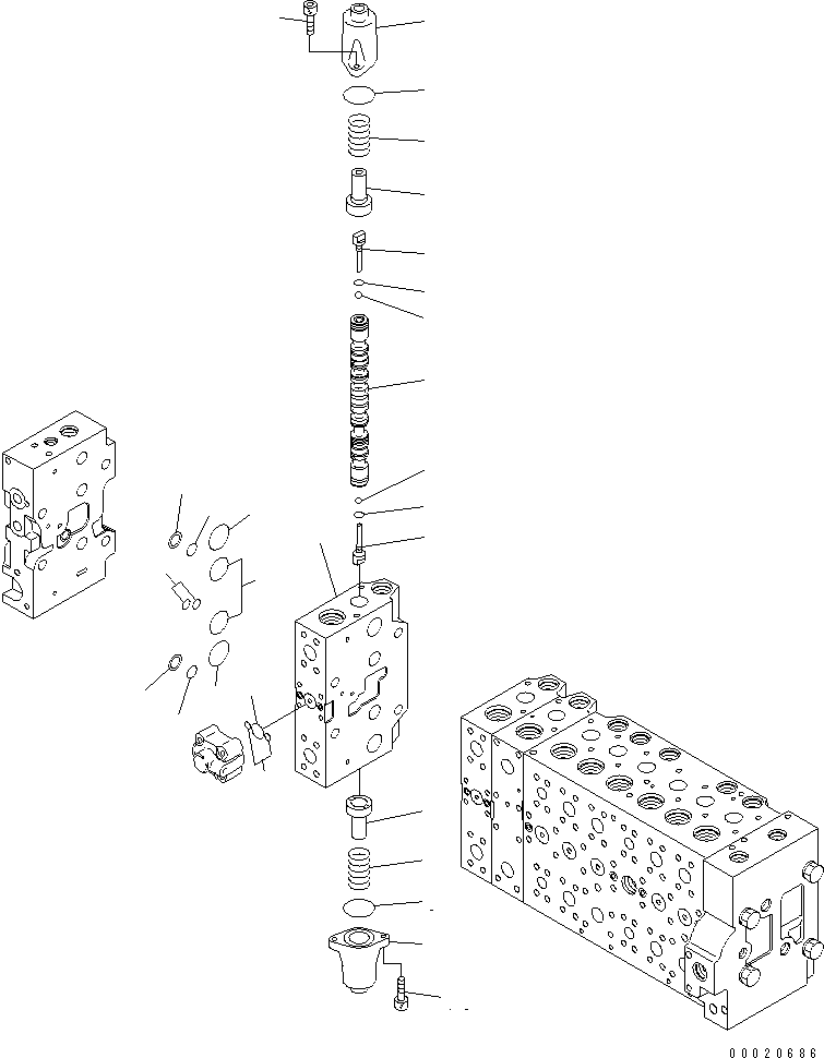 Komatsu parts book diagram for PC450LCHD-8 S/N K50001-UP: MAIN VALVE (2-ACTUATOR) (23/25) (#K50001-K50499)