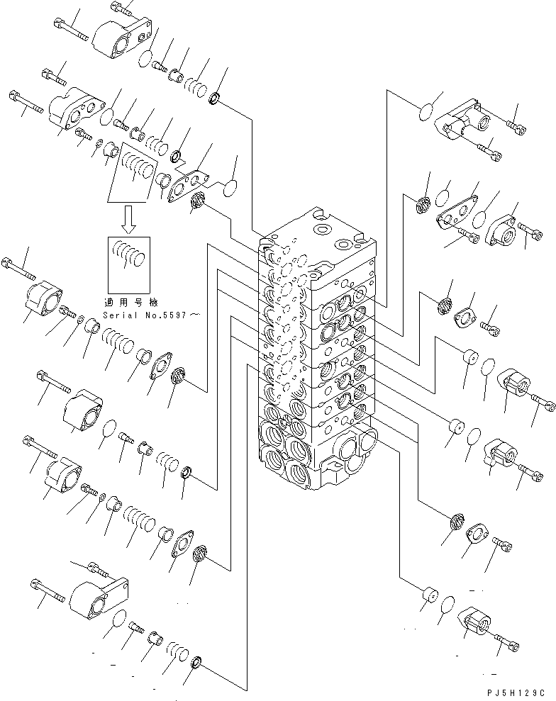 Komatsu parts book diagram for PC45R-8 S/N 5001-UP: MAIN VALVE (8-VALVE) (6/15)