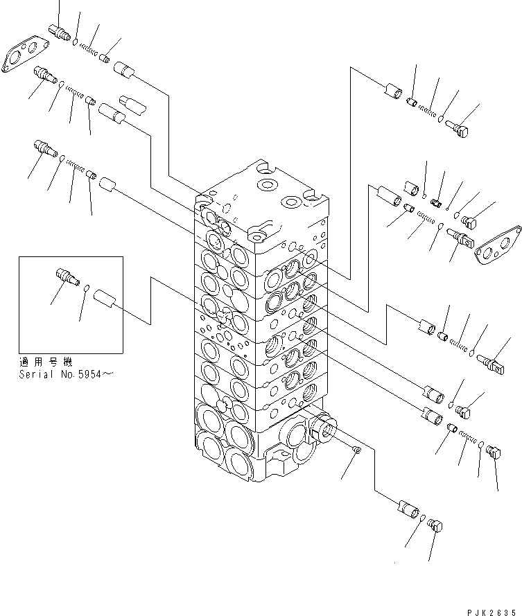 Komatsu parts book diagram for PC45R-8 S/N 5001-UP: MAIN VALVE (8-VALVE) (7/15)
