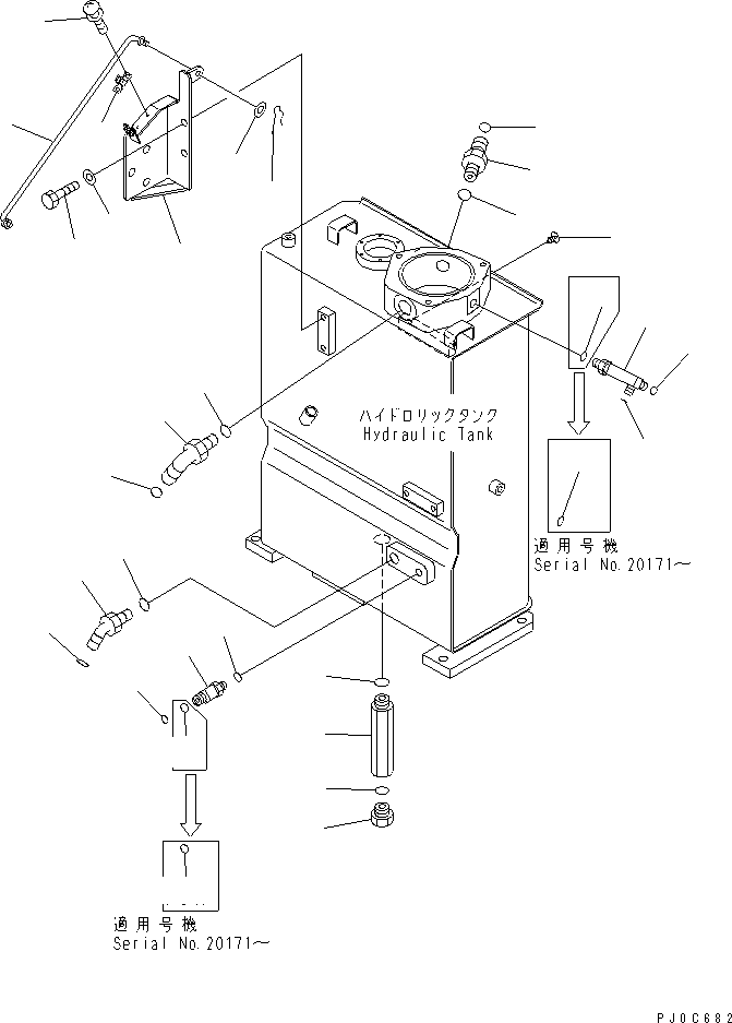 Komatsu parts book diagram for PC58UU-3 S/N 20001-UP: HYDRAULIC TANK (ELBOW AND TANK BRACKET)