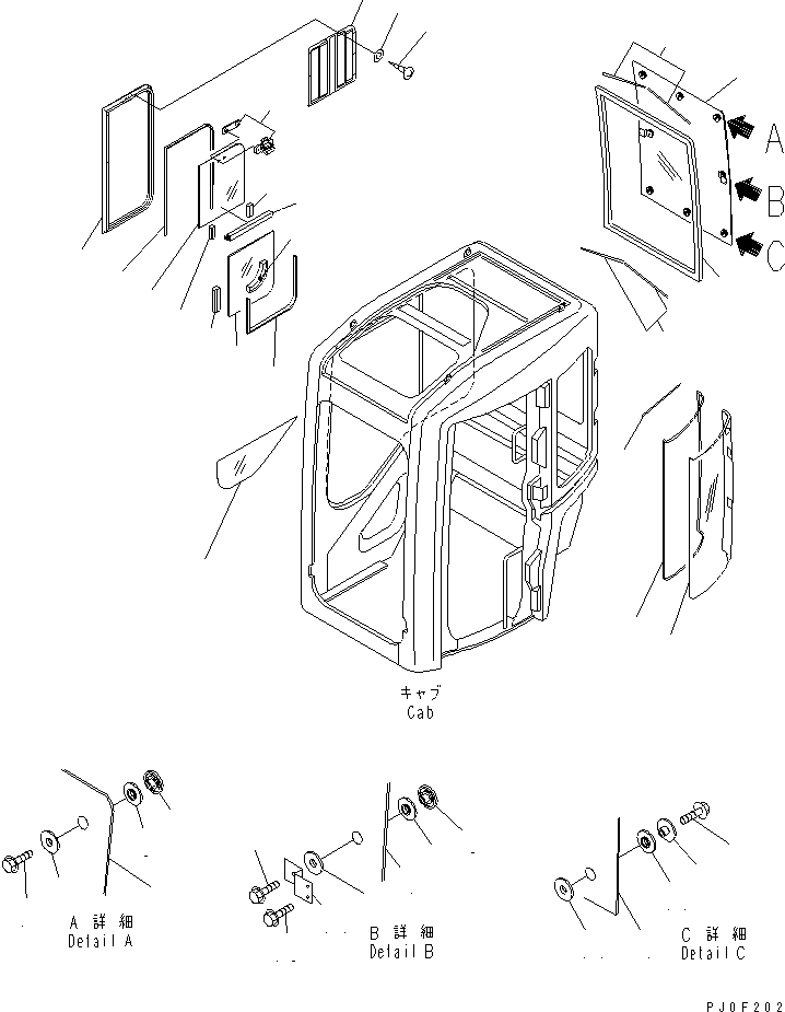 Komatsu parts book diagram for PC58UU-3 S/N 20001-UP: OPERATOR'S CAB (WINDOW) (REAR ? SIDE AND SASH) (KOMTRAX)(#20424-)