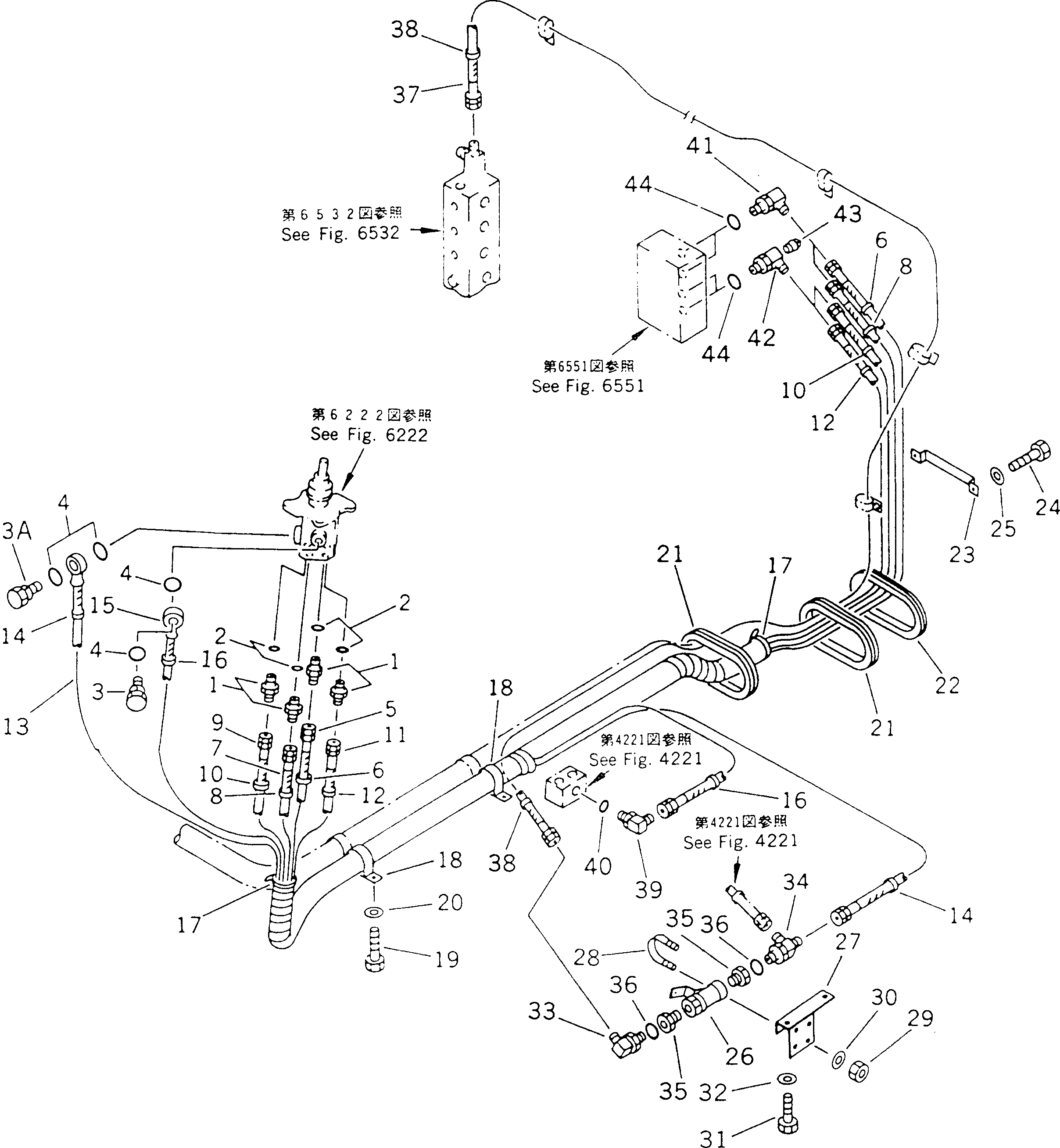 Komatsu parts book diagram for PC60-6S S/N 28001-UP: HYDRAULIC PIPING (WORK EQUIPMENT CONTROL) (L.H.) (JIS PATTERN)(#40143-)