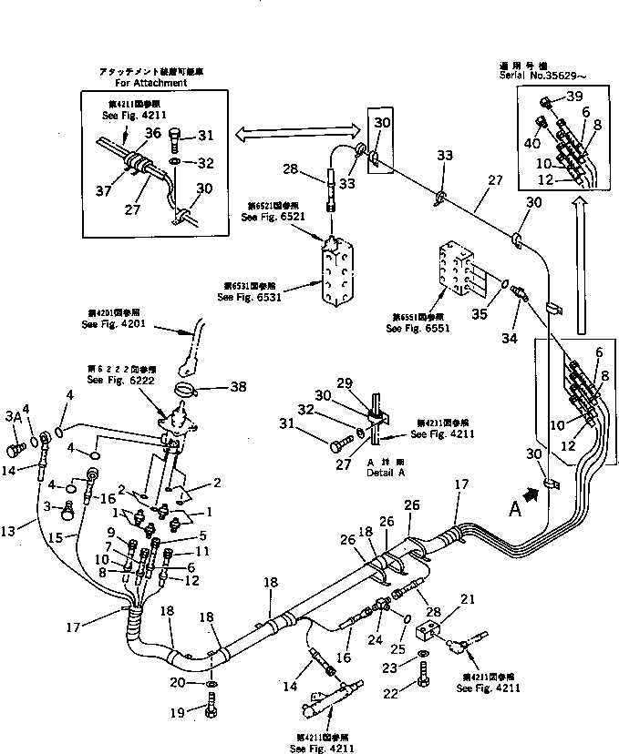 Komatsu parts book diagram for PC60-6S S/N 28001-UP: HYDRAULIC PIPING (WORK EQUIPMENT CONTROL) (R.H.)                 (FOR LONG LEVER CONTROL)