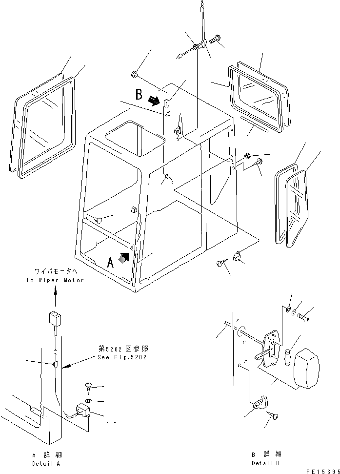 Komatsu parts book diagram for PC60-6S S/N 28001-UP: OPERATOR'S CAB (4/7) (SIDE AND REAR WINDOW)(#34101-)